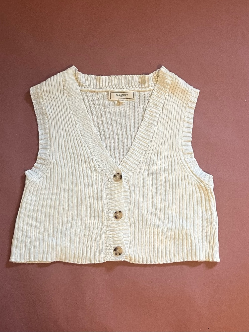 Cream Ribbed Cropped Knit Button-Front Vest